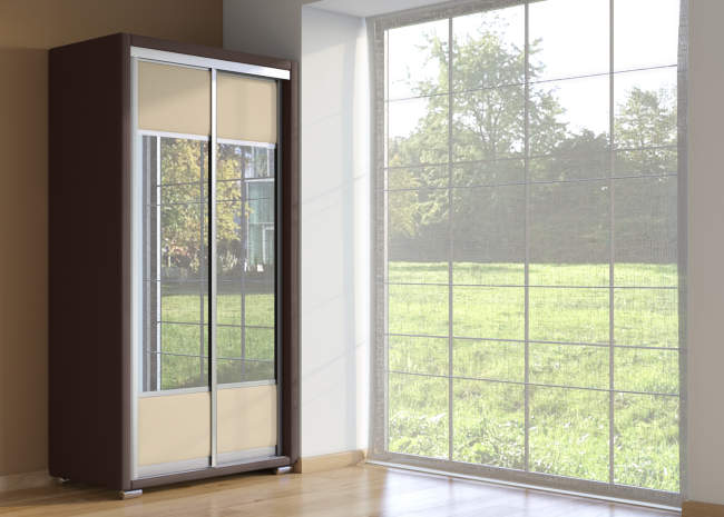 Шкаф купе 2-ух дв. Orma Soft 2 (2 зеркала), цвет: Экокожа Коричневый/Бежевый